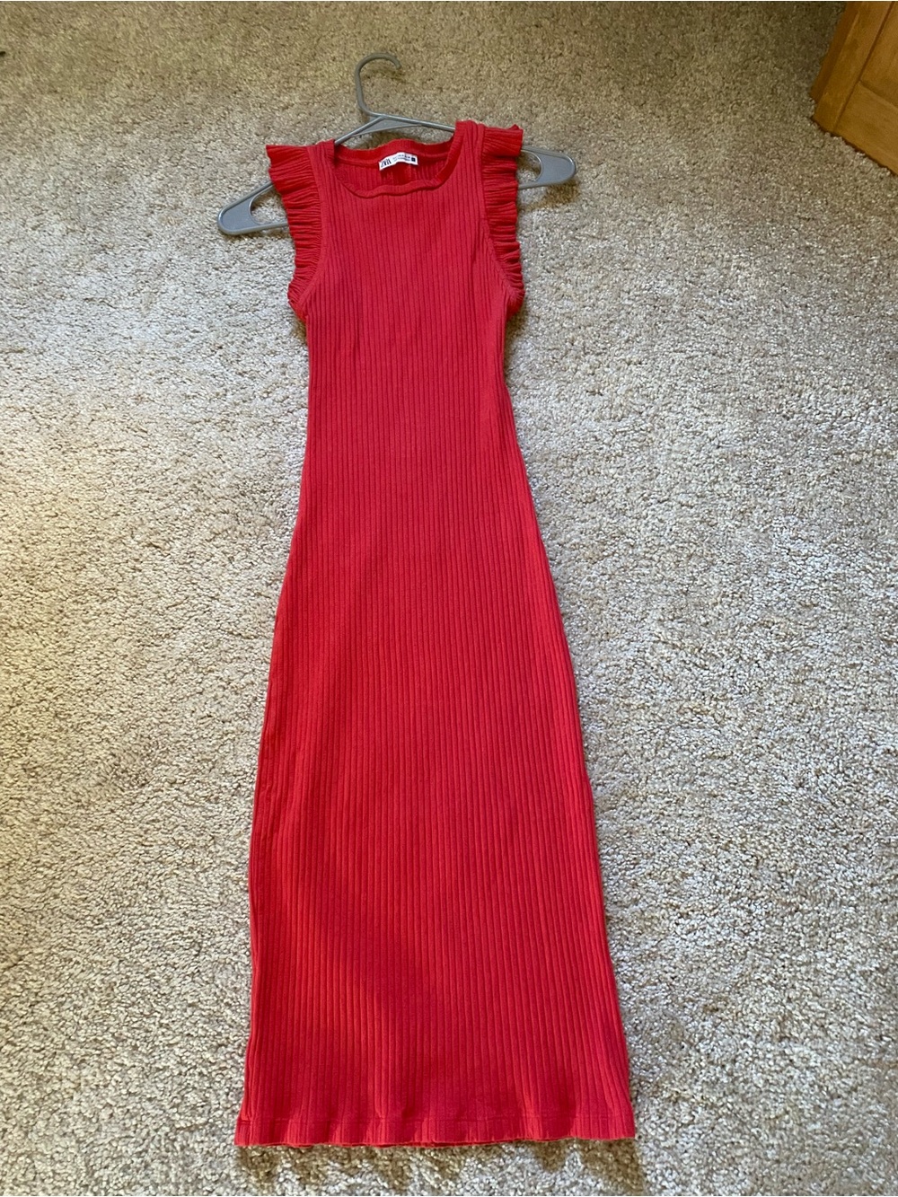 Zara Red Ribbed Maxi Dress with Ruffle Sleeves